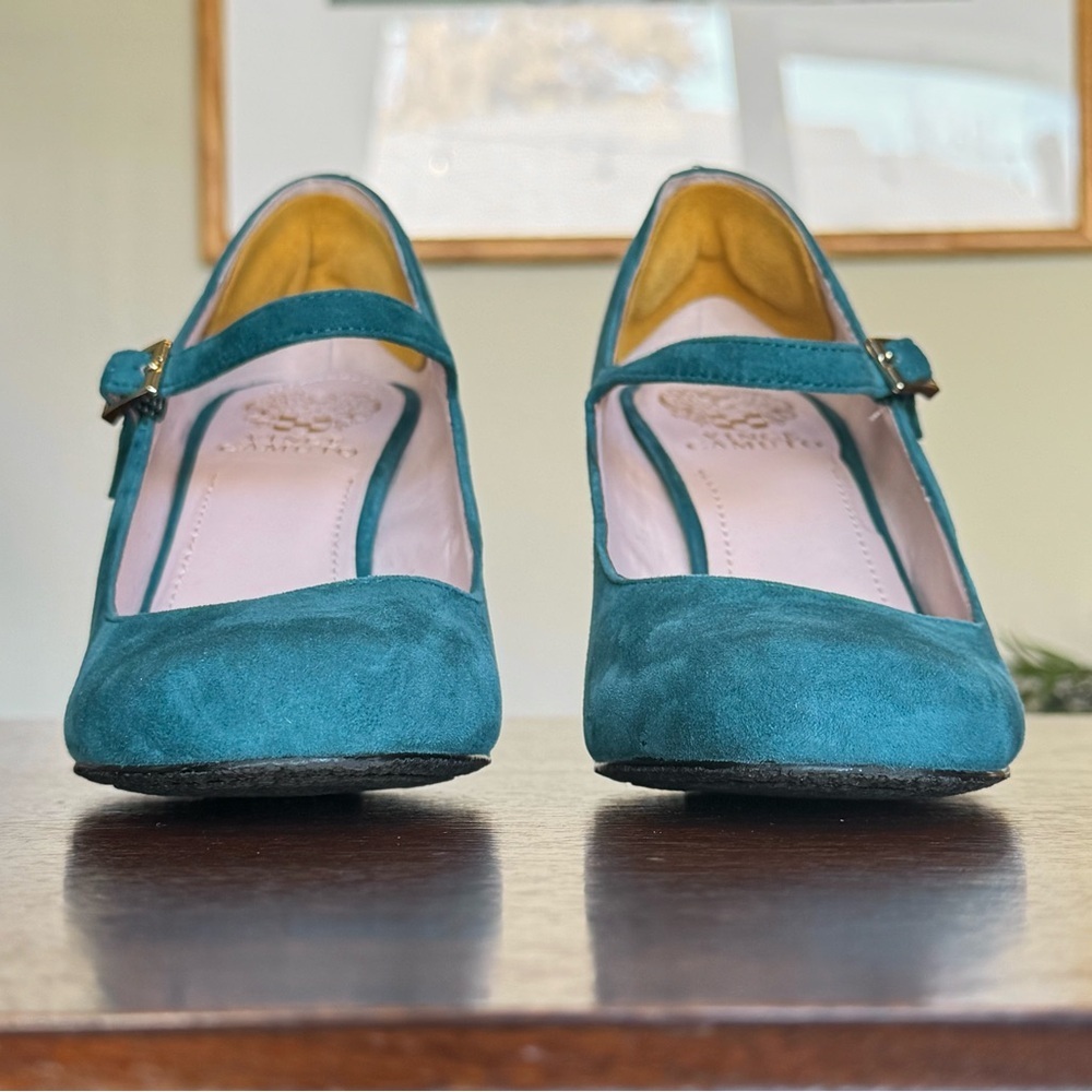 Vince Camuto Mary Jane Wedge Heels Magie Suede Leather Teal Blue/Green | Size 8 - Picture 3 of 10